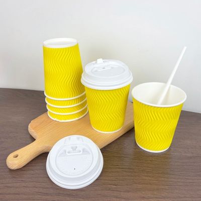 4oz 120ml 8oz 250ml cangkir kertas sekali pakai cangkir kopi kuning dengan tutup dinding bergelombang