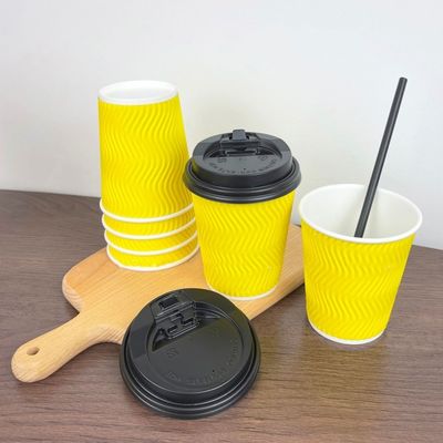 4oz 120ml 8oz 250ml cangkir kertas sekali pakai cangkir kopi kuning dengan tutup dinding bergelombang